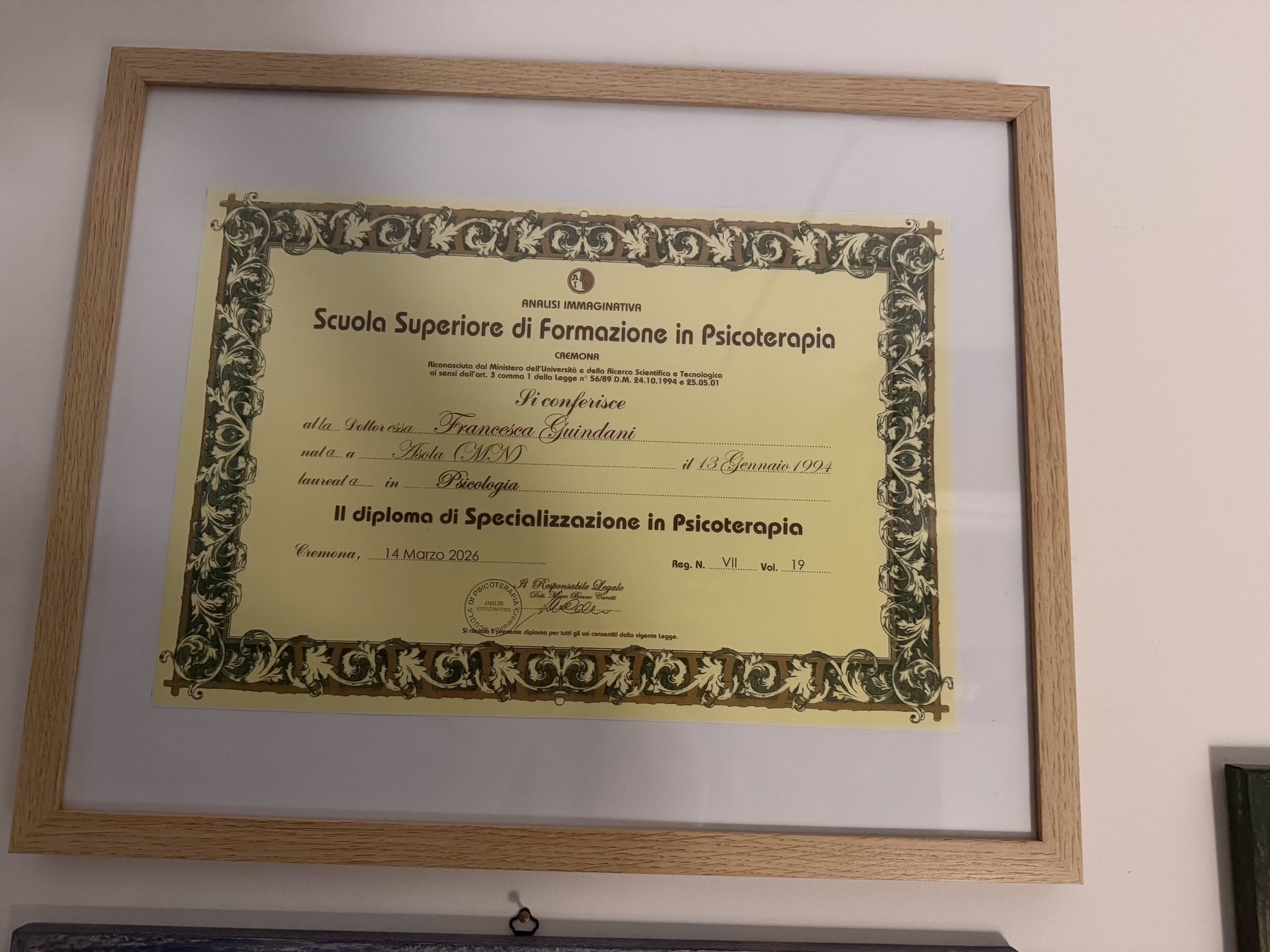 Diploma di specializzazione in psicoterapia di Francesca Guindani